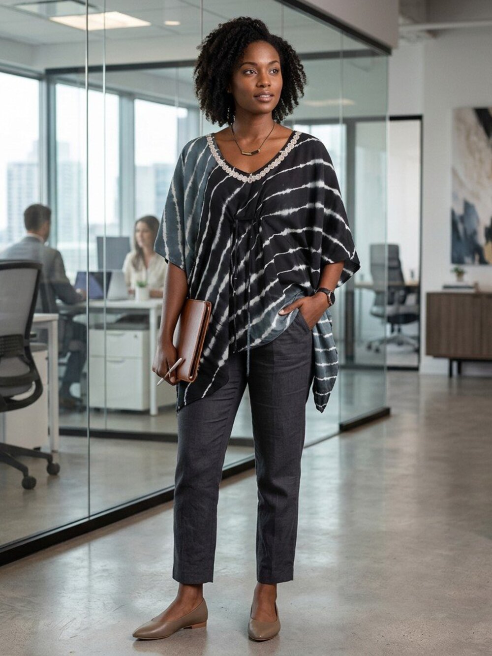 Lascanda Venus Ladies Kimono Style  Drawstring Top Size 0S Black Gray White